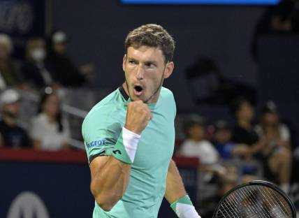 Aug 11, 2022; Montreal, QC, Canada; Pablo Carreno Busta (ESP) reacts after a point against Jannik Sinner (ITA) (not pictured) in third round play in the National Bank Open at IGA Stadium. Mandatory Credit: Eric Bolte-USA TODAY Sports