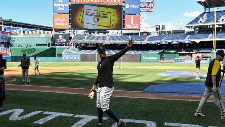 Aug 12, 2022; Washington, District of Columbia, USA; San Diego Padres right fielder Juan Soto (22) on the field before the game against the Washington Nationals at Nationals Park. Mandatory Credit: Brad Mills-USA TODAY Sports