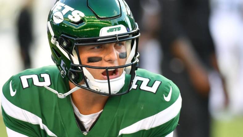 Aug 12, 2022; Philadelphia, Pennsylvania, USA; New York Jets quarterback Zach Wilson (2) during pregame warmups against the Philadelphia Eagles at Lincoln Financial Field. Mandatory Credit: Eric Hartline-USA TODAY Sports