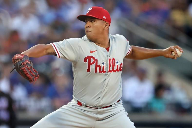 Aug 12, 2022; New York City, New York, USA; Philadelphia Phillies starting pitcher Ranger Suarez (55) pitches against the New York Mets during the first inning at Citi Field. Mandatory Credit: Brad Penner-USA TODAY Sports