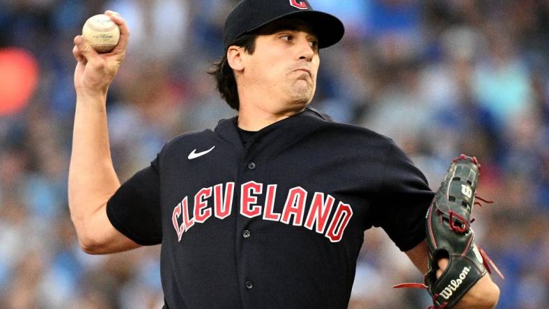 Aug 12, 2022; Toronto, Ontario, CAN;  Cleveland Guardians starting pitcher Cal Quantrill (47) delivers a pitch against the Toronto Blue Jays in the first inning at Rogers Centre. Mandatory Credit: Dan Hamilton-USA TODAY Sports