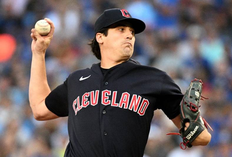Aug 12, 2022; Toronto, Ontario, CAN;  Cleveland Guardians starting pitcher Cal Quantrill (47) delivers a pitch against the Toronto Blue Jays in the first inning at Rogers Centre. Mandatory Credit: Dan Hamilton-USA TODAY Sports