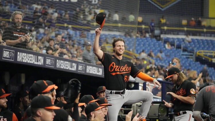 Aug 12, 2022; St. Petersburg, Florida, USA; Baltimore Orioles center fielder Brett Phillips (66) is recognized by the Tampa Bay Rays after the second inning. Phillips was recently traded from the Tampa Bay Rays where he was a fan favorite to the Baltimore Orioles. Mandatory Credit: Dave Nelson-USA TODAY Sports