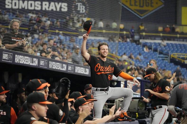 Aug 12, 2022; St. Petersburg, Florida, USA; Baltimore Orioles center fielder Brett Phillips (66) is recognized by the Tampa Bay Rays after the second inning. Phillips was recently traded from the Tampa Bay Rays where he was a fan favorite to the Baltimore Orioles. Mandatory Credit: Dave Nelson-USA TODAY Sports