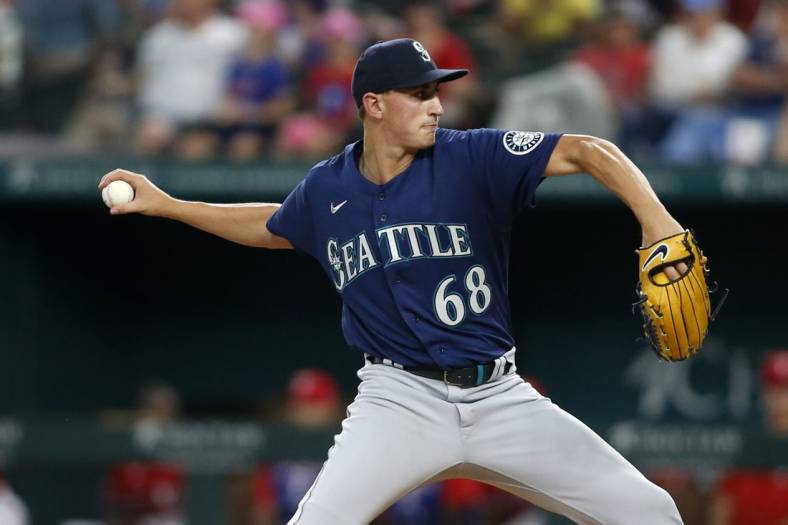 Aug 12, 2022; Arlington, Texas, USA; Seattle Mariners starting pitcher George Kirby (68) throws a pitch in the first inning against the Texas Rangers at Globe Life Field. Mandatory Credit: Tim Heitman-USA TODAY Sports