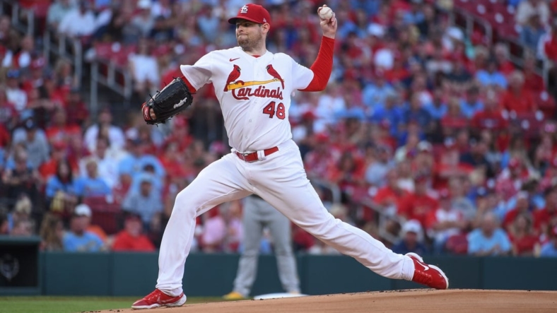 Aug 12, 2022; St. Louis, Missouri, USA; St. Louis Cardinals starting pitcher Jordan Montgomery (48) pitches against the Milwaukee Brewers in the first inning at Busch Stadium. Mandatory Credit: Joe Puetz-USA TODAY Sports
