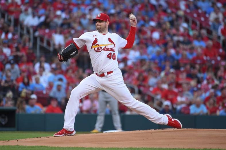 Aug 12, 2022; St. Louis, Missouri, USA; St. Louis Cardinals starting pitcher Jordan Montgomery (48) pitches against the Milwaukee Brewers in the first inning at Busch Stadium. Mandatory Credit: Joe Puetz-USA TODAY Sports
