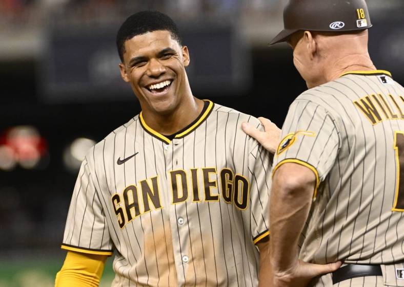 Aug 12, 2022; Washington, District of Columbia, USA; San Diego Padres right fielder Juan Soto (22) reacts after hitting a double against the Washington Nationals during the fifth inning at Nationals Park. Mandatory Credit: Brad Mills-USA TODAY Sports