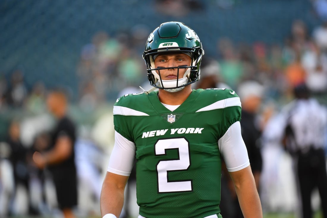 Aug 12, 2022; Philadelphia, Pennsylvania, USA; New York Jets quarterback Zach Wilson (2) during warmups against the Philadelphia Eagles at Lincoln Financial Field. Mandatory Credit: Eric Hartline-USA TODAY Sports