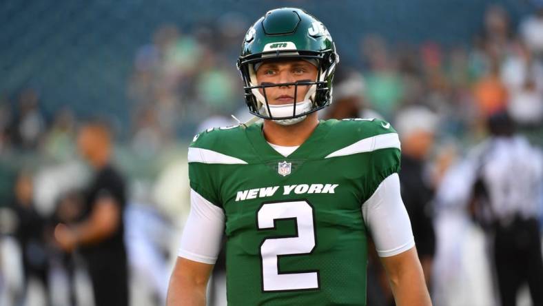 Aug 12, 2022; Philadelphia, Pennsylvania, USA; New York Jets quarterback Zach Wilson (2) during warmups against the Philadelphia Eagles at Lincoln Financial Field. Mandatory Credit: Eric Hartline-USA TODAY Sports