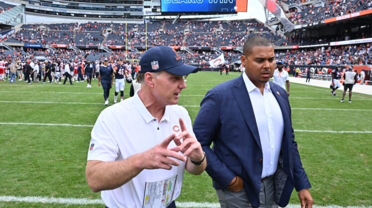 Aug 13, 2022; Chicago, Illinois, USA;  Chicago Bears head coach Matt Eberflus, left, and general manager Ryan Poles walk off the field after the Bears defeated the Kansas City Chiefs 19-14 at Soldier Field. Mandatory Credit: Jamie Sabau-USA TODAY Sports