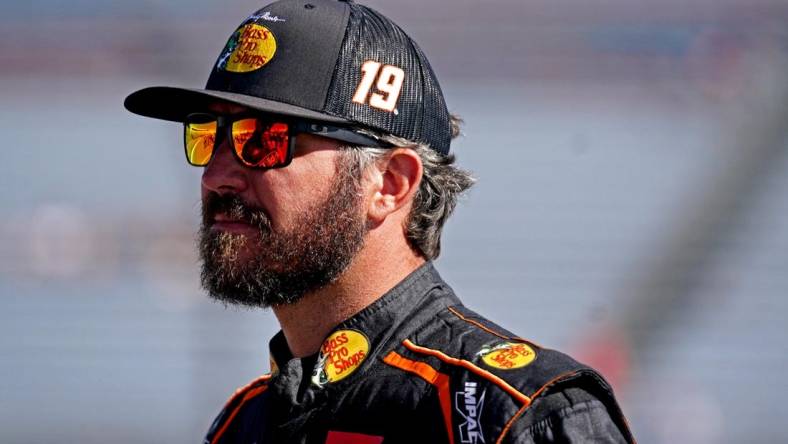 Aug 13, 2022; Richmond, Virginia, USA; NASCAR Cup Series driver Martin Truex Jr. (19) during practice and qualifying for the Federated Auto Parts 400 at Richmond International Raceway. Mandatory Credit: Peter Casey-USA TODAY Sports