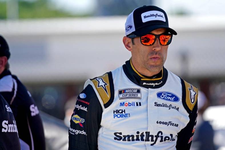 Aug 13, 2022; Richmond, Virginia, USA; NASCAR Cup Series driver Aric Almirola (10) during practice and qualifying for the Federated Auto Parts 400 at Richmond International Raceway. Mandatory Credit: Peter Casey-USA TODAY Sports
