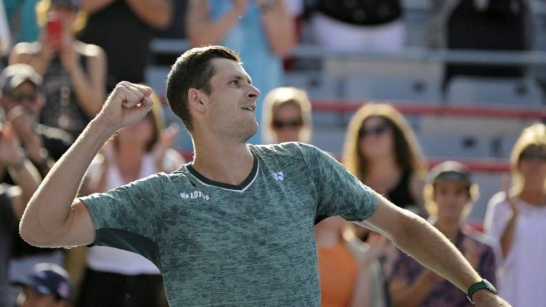 Aug 13, 2022; Montreal, QC, Canada; Hubert Hurkacz (POL) celebrates his win over Casper Ruud (NOR) (not pictured) in semifinal play in the National Bank Open at IGA Stadium. Mandatory Credit: Eric Bolte-USA TODAY Sports