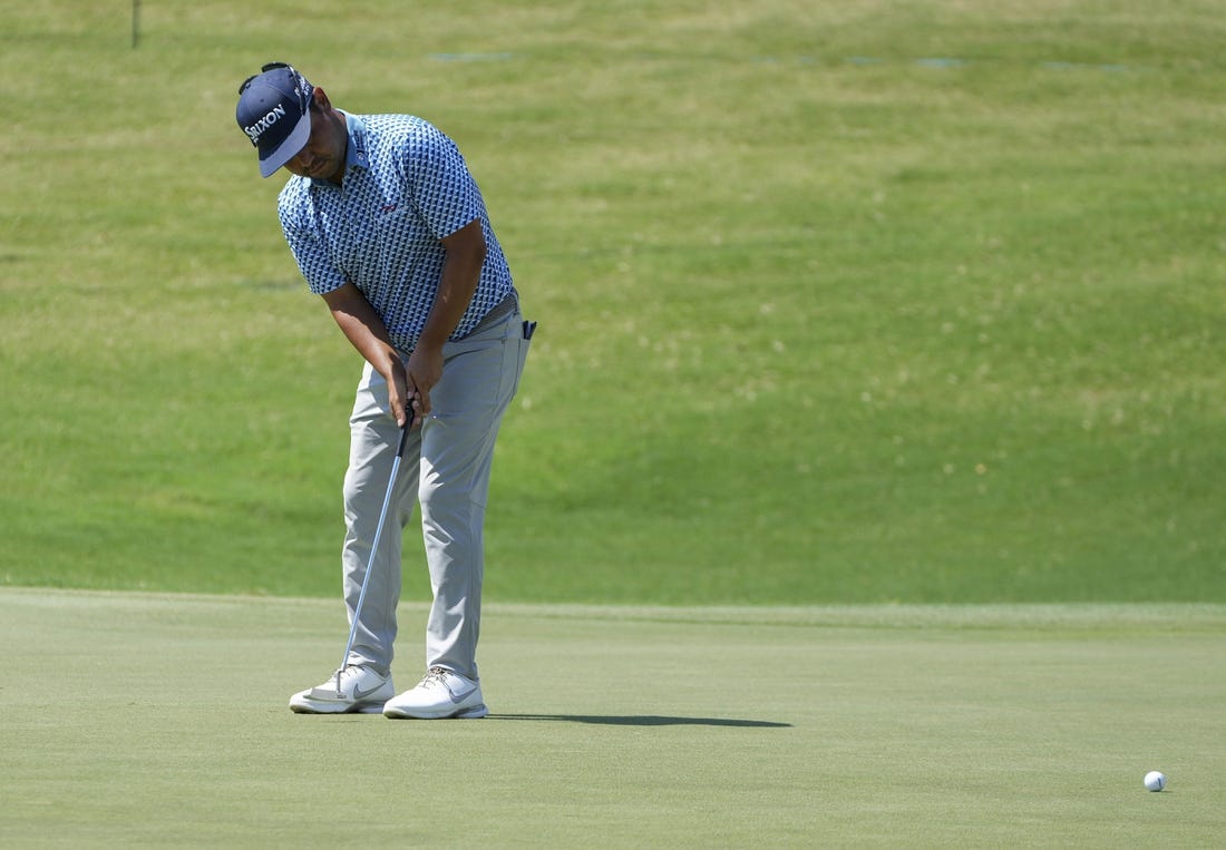 Aug 13, 2022; Memphis, Tennessee, USA; J.J. Spaun watches a putt during the third round of the FedEx St. Jude Championship golf tournament at TPC Southwind. Mandatory Credit: David Yeazell-USA TODAY Sports