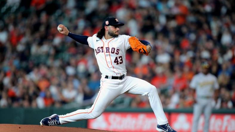 Aug 13, 2022; Houston, Texas, USA; Houston Astros starting pitcher Lance McCullers Jr. (43) delivers against the Oakland Athletics during the first inning at Minute Maid Park. Mandatory Credit: Erik Williams-USA TODAY Sports