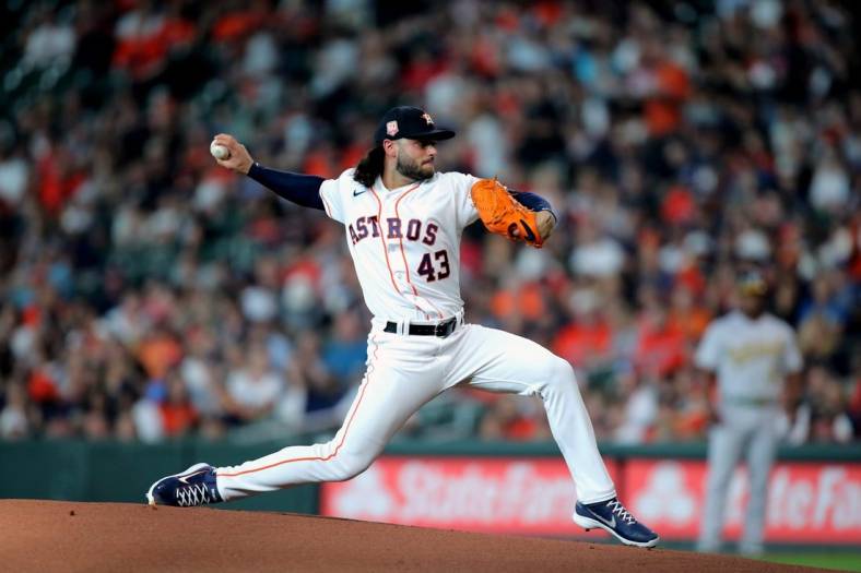 Aug 13, 2022; Houston, Texas, USA; Houston Astros starting pitcher Lance McCullers Jr. (43) delivers against the Oakland Athletics during the first inning at Minute Maid Park. Mandatory Credit: Erik Williams-USA TODAY Sports