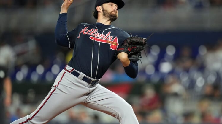 Aug 13, 2022; Miami, Florida, USA; Atlanta Braves pitcher Ian Anderson (36) pitches against the Miami Marlins in the first inning at loanDepot Park. Mandatory Credit: Jim Rassol-USA TODAY Sports