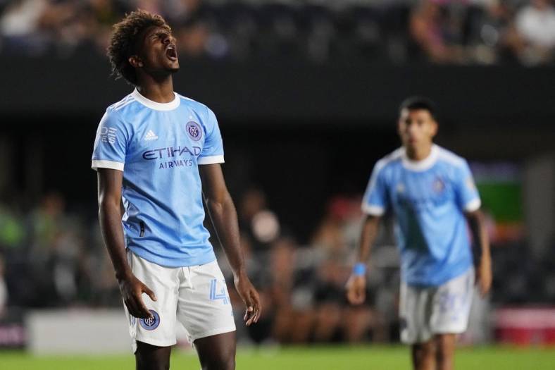 Aug 13, 2022; Fort Lauderdale, Florida, USA; New York City FC forward Talles Magno (43) reacts after missing a shot on goal against Inter Miami CF during the first half at DRV PNK Stadium. Mandatory Credit: Jasen Vinlove-USA TODAY Sports