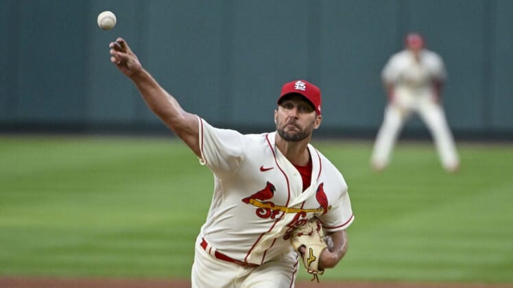Aug 13, 2022; St. Louis, Missouri, USA;  St. Louis Cardinals starting pitcher Adam Wainwright (50) pitches against the Milwaukee Brewers during the fourth inning at Busch Stadium. Mandatory Credit: Jeff Curry-USA TODAY Sports