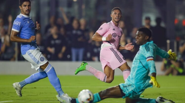 Aug 13, 2022; Fort Lauderdale, Florida, USA; Inter Miami CF defender Kieran Gibbs (middle) watches as his shot goes wide against the New York City FC during the first half at DRV PNK Stadium. Mandatory Credit: Sam Navarro-USA TODAY Sports