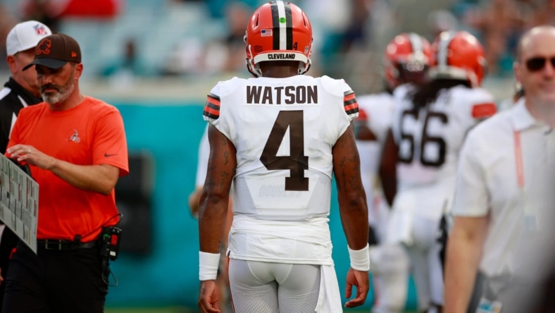Cleveland Browns quarterback Deshaun Watson #4 looks on during the first quarter of a preseason NFL game Friday, Aug. 12, 2022 at TIAA Bank Field in Jacksonville. The Cleveland Browns defeated the Jacksonville Jaguars 24-13. [Corey Perrine/Florida Times-Union]

Jacksonville Jaguars 2022 Cleveland Browns First Home Pre Season Scrimmage Second Scrimmage Preseason