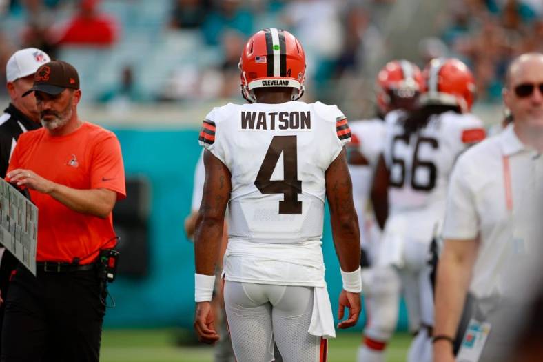 Cleveland Browns quarterback Deshaun Watson #4 looks on during the first quarter of a preseason NFL game Friday, Aug. 12, 2022 at TIAA Bank Field in Jacksonville. The Cleveland Browns defeated the Jacksonville Jaguars 24-13. [Corey Perrine/Florida Times-Union]

Jacksonville Jaguars 2022 Cleveland Browns First Home Pre Season Scrimmage Second Scrimmage Preseason