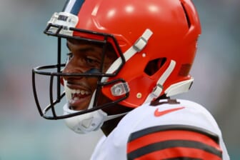 Cleveland Browns quarterback Deshaun Watson #4 smiles during the first quarter of a preseason NFL game Friday, Aug. 12, 2022 at TIAA Bank Field in Jacksonville. The Cleveland Browns defeated the Jacksonville Jaguars 24-13. [Corey Perrine/Florida Times-Union]Jacksonville Jaguars 2022 Cleveland Browns First Home Pre Season Scrimmage Second Scrimmage Preseason