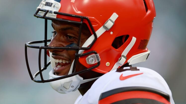 Cleveland Browns quarterback Deshaun Watson #4 smiles during the first quarter of a preseason NFL game Friday, Aug. 12, 2022 at TIAA Bank Field in Jacksonville. The Cleveland Browns defeated the Jacksonville Jaguars 24-13. [Corey Perrine/Florida Times-Union]Jacksonville Jaguars 2022 Cleveland Browns First Home Pre Season Scrimmage Second Scrimmage Preseason