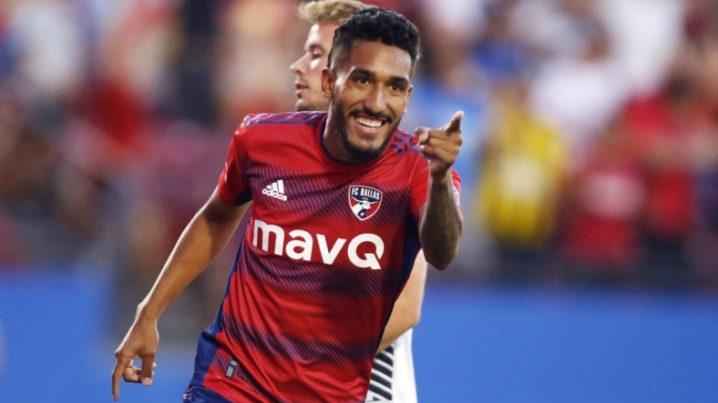Aug 13, 2022; Frisco, Texas, USA; FC Dallas forward Jesus Ferreira (10) reacts after scoring a goal against the San Jose Earthquakes in the first half at Toyota Stadium. Mandatory Credit: Tim Heitman-USA TODAY Sports