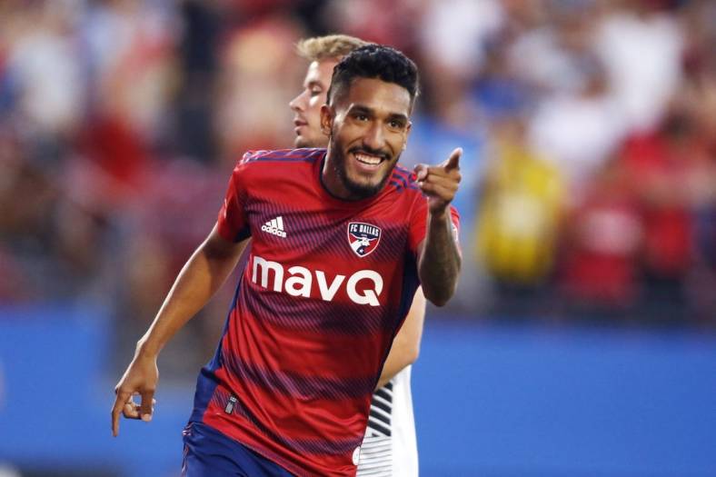 Aug 13, 2022; Frisco, Texas, USA; FC Dallas forward Jesus Ferreira (10) reacts after scoring a goal against the San Jose Earthquakes in the first half at Toyota Stadium. Mandatory Credit: Tim Heitman-USA TODAY Sports