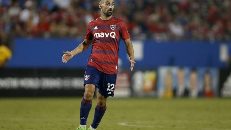 Aug 13, 2022; Frisco, Texas, USA; FC Dallas midfielder Sebastian Lletget (12) runs on the field during a match against the San Jose Earthquakes at Toyota Stadium. Mandatory Credit: Tim Heitman-USA TODAY Sports