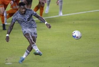 Aug 13, 2022; Houston, Texas, USA; CF Montreal forward Romell Quioto (30) takes a penalty kick but it is saved by Houston Dynamo FC goalkeeper Steve Clark (12) (not pictured) during stoppage time in the first half at PNC Stadium. Mandatory Credit: Thomas Shea-USA TODAY Sports
