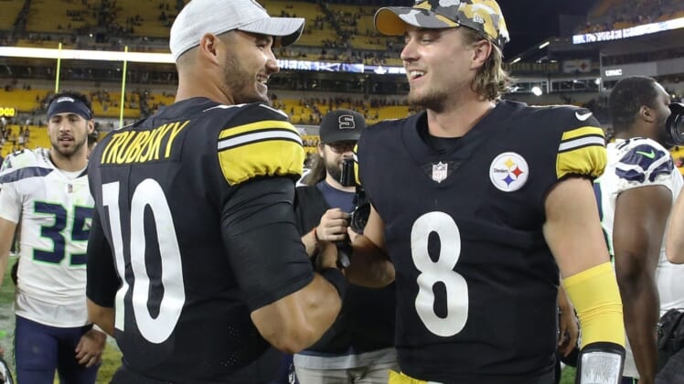 Aug 13, 2022; Pittsburgh, Pennsylvania, USA;  Pittsburgh Steelers quarterbacks Mitch Trubisky (10) and Kenny Pickett (8) celebrate after defeating the Seattle Seahawks at Acrisure Stadium. The Steelers won 32-25. Mandatory Credit: Charles LeClaire-USA TODAY Sports