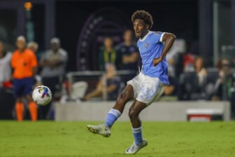 Aug 13, 2022; Fort Lauderdale, Florida, USA; New York City FC forward Talles Magno (43) passes the ball during the second half against Inter Miami CF at DRV PNK Stadium. Mandatory Credit: Sam Navarro-USA TODAY Sports