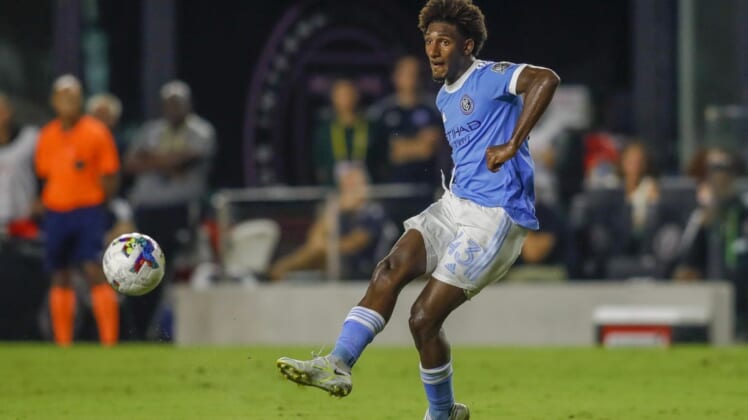 Aug 13, 2022; Fort Lauderdale, Florida, USA; New York City FC forward Talles Magno (43) passes the ball during the second half against Inter Miami CF at DRV PNK Stadium. Mandatory Credit: Sam Navarro-USA TODAY Sports