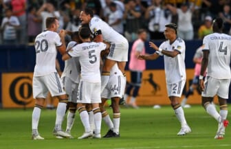 Aug 13, 2022; Carson, California, USA;   Los Angeles Galaxy celebrate a goal by midfielder Victor Vazquez (7) in the first half against the Vancouver Whitecaps at Dignity Health Sports Park. Mandatory Credit: Jayne Kamin-Oncea-USA TODAY Sports