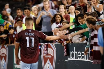 Aug 13, 2022; Commerce City, Colorado, USA; Colorado Rapids forward Diego Rubio (11) greets fans after the match against the Columbus Crew SC at Dick's Sporting Goods Park. Mandatory Credit: Isaiah J. Downing-USA TODAY Sports