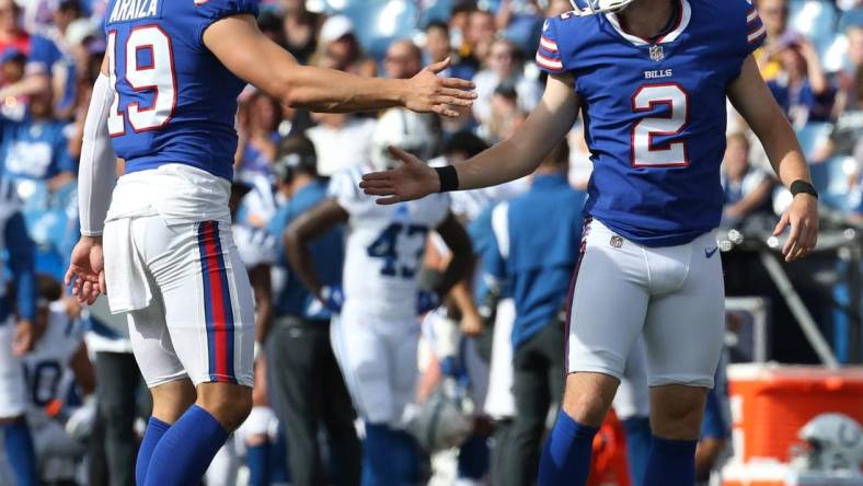 Buffalo Matt Araiza (19) and kicker Tyler Bass (2) celebrate a field goal during the Bills  27-24 win over Indianapolis in their preseason game Saturday, Aug. 13, 2022 at Highmark Stadium in Orchard Park.

Sd 081322 Bills 77 Spts