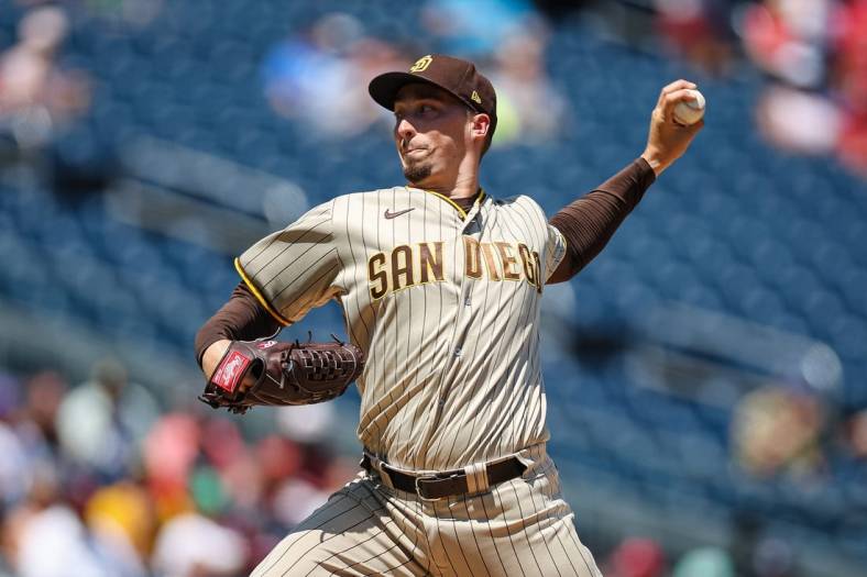 Aug 14, 2022; Washington, District of Columbia, USA; San Diego Padres starting pitcher Blake Snell (4) pitches against the Washington Nationals during the second inning at Nationals Park. Mandatory Credit: Scott Taetsch-USA TODAY Sports