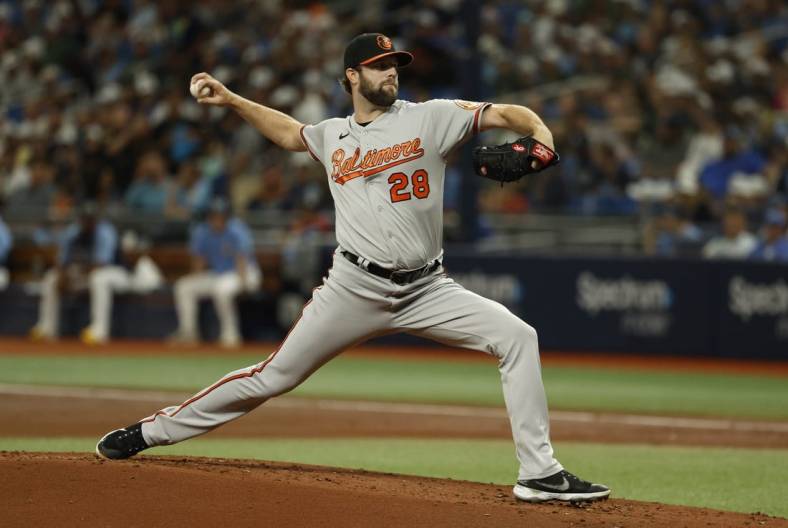 Aug 14, 2022; St. Petersburg, Florida, USA; Baltimore Orioles starting pitcher Jordan Lyles (28) throws a pitch against the Tampa Bay Rays during the second inning at Tropicana Field. Mandatory Credit: Kim Klement-USA TODAY Sports