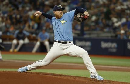 Aug 14, 2022; St. Petersburg, Florida, USA; Tampa Bay Rays starting pitcher Drew Rasmussen (57) throws a pitch against the Baltimore Orioles during the second inning at Tropicana Field. Mandatory Credit: Kim Klement-USA TODAY Sports