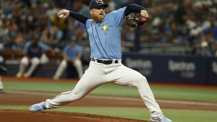 Aug 14, 2022; St. Petersburg, Florida, USA; Tampa Bay Rays starting pitcher Drew Rasmussen (57) throws a pitch against the Baltimore Orioles during the second inning at Tropicana Field. Mandatory Credit: Kim Klement-USA TODAY Sports