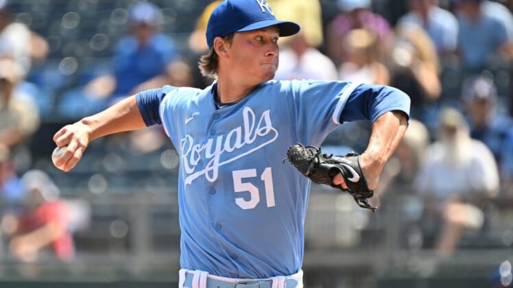 Aug 14, 2022; Kansas City, Missouri, USA;  Kansas City Royals starting pitcher Brady Singer (51) delivers a pitch during the first inning against the Los Angeles Dodgers at Kauffman Stadium. Mandatory Credit: Peter Aiken-USA TODAY Sports