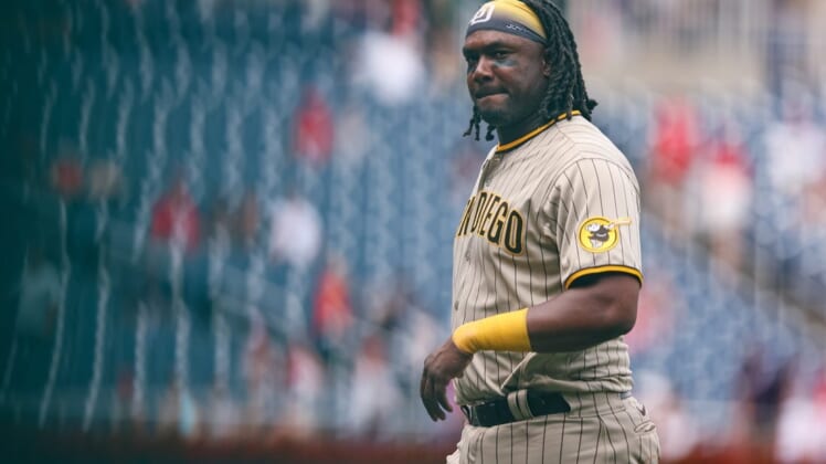 Aug 14, 2022; Washington, District of Columbia, USA; San Diego Padres first baseman Josh Bell (24) looks on against the Washington Nationals during the ninth inning at Nationals Park. Mandatory Credit: Scott Taetsch-USA TODAY Sports