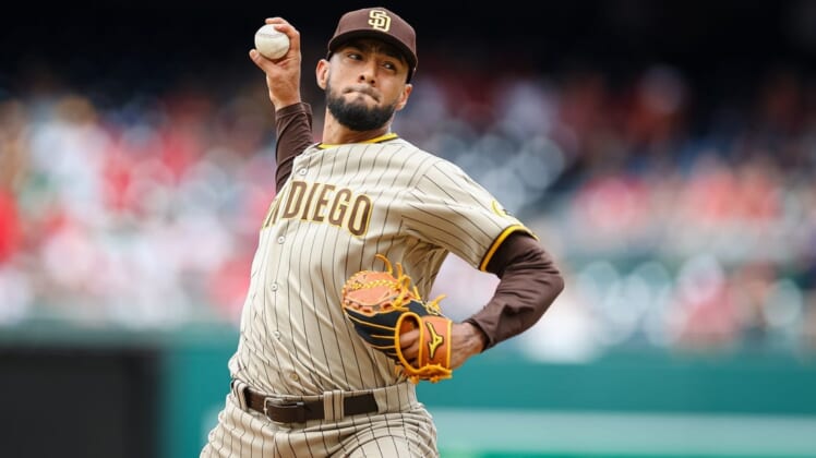 Aug 14, 2022; Washington, District of Columbia, USA; San Diego Padres relief pitcher Robert Suarez (75) pitches against the Washington Nationals during the ninth inning at Nationals Park. Mandatory Credit: Scott Taetsch-USA TODAY Sports