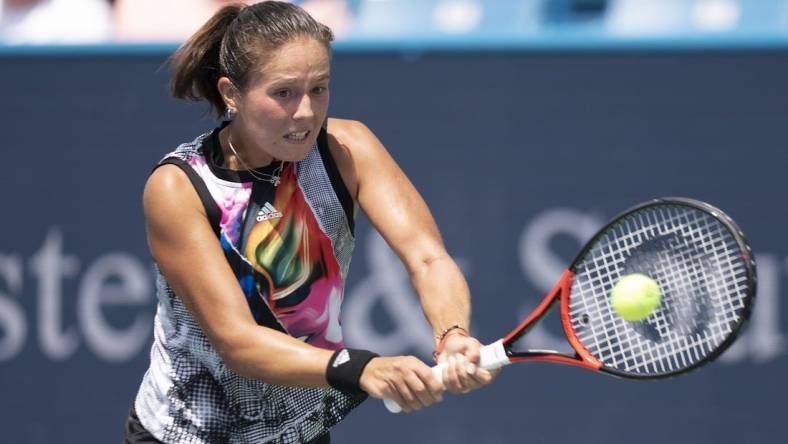 Aug 15, 2022; Cincinnati, OH, USA;  Daria Kasatkina (RUS) returns a shot during her match against Amanda Anisimova (USA) at the Western & Southern at the at the Lindner Family Tennis Center. Mandatory Credit: Susan Mullane-USA TODAY Sports