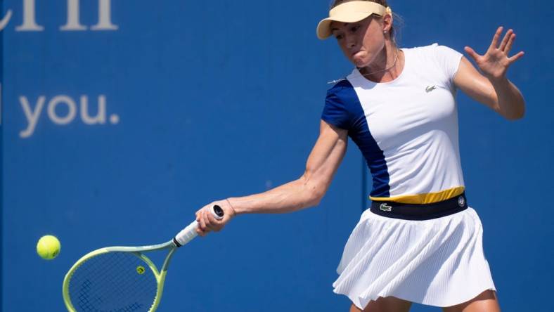 Aliaksandra Sasnovich returns to Caty McNally during the Western & Southern Open at the Lindner Family Tennis Center in Mason, Ohio Monday, Aug. 15, 2022.

Western Southern Open Day Two Morning 85