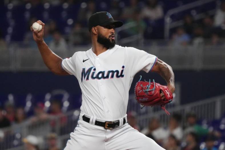 Aug 15, 2022; Miami, Florida, USA; Miami Marlins starting pitcher Sandy Alcantara (22) delivers a pitch in the first inning against the San Diego Padres at loanDepot park. Mandatory Credit: Jasen Vinlove-USA TODAY Sports
