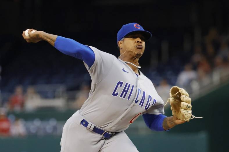 Aug 15, 2022; Washington, District of Columbia, USA; Chicago Cubs starting pitcher Marcus Stroman (0) pitches against the Washington Nationals during the first inning at Nationals Park. Mandatory Credit: Geoff Burke-USA TODAY Sports